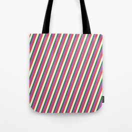 [ Thumbnail: Orchid, Red, Mint Cream, and Forest Green Colored Lines Pattern Tote Bag ]