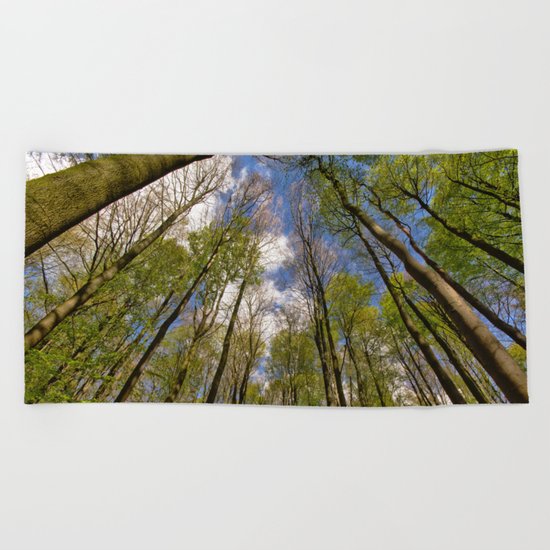 looking up to the trees in the forest Beach Towel
