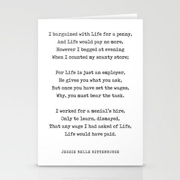 I bargained with life for a penny - Jessie Belle Rittenhouse Poem - Literature - Typewriter Print 1 Stationery Cards