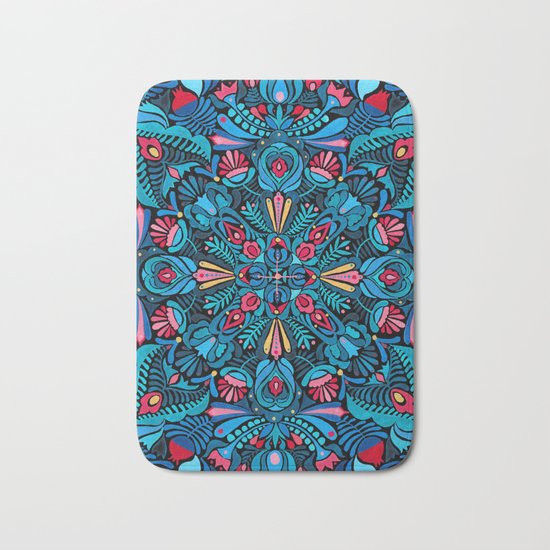 Pink, light blue floral mandala on black Bath Mat