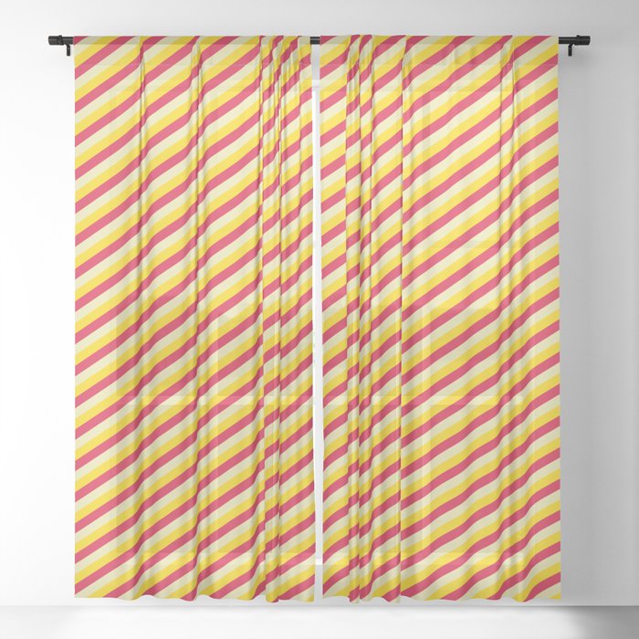 Crimson, Pale Goldenrod & Yellow Colored Lines Pattern Sheer Curtain