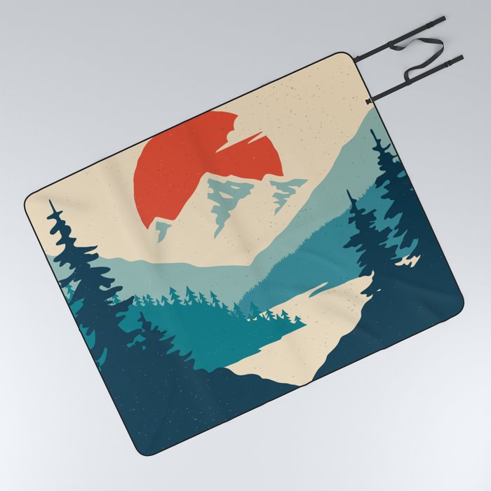 Vintage mountain landscape with sun, mountains and forest. Vintage illustration.  Picnic Blanket