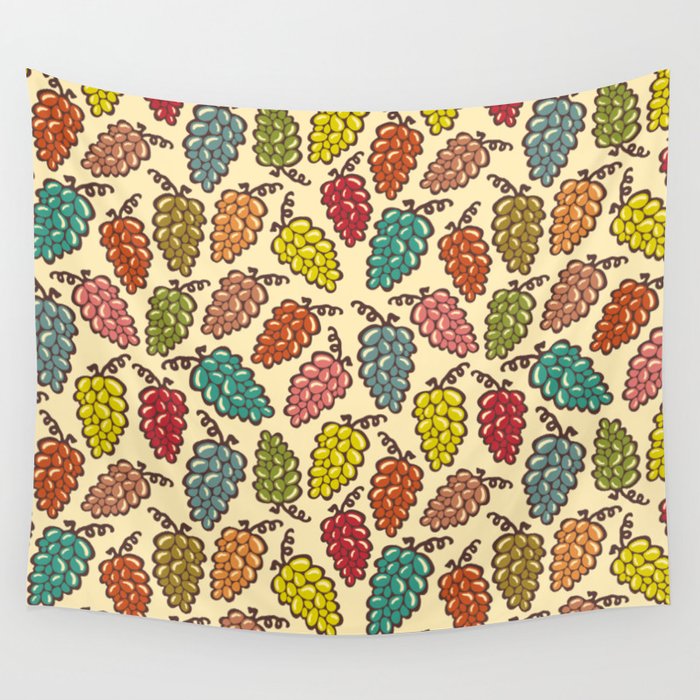 JUICY GRAPES FRESH RIPE FRUIT in RETRO MULTI-COLORS WITH BROWN Wall Tapestry