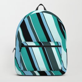 [ Thumbnail: Light Sea Green, Light Cyan, Dark Slate Gray, Sky Blue, and Black Colored Striped/Lined Pattern Backpack ]