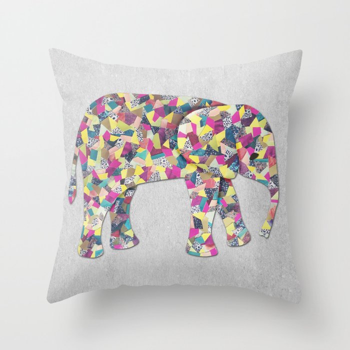 Elephant Collage in Gray Hot Pink Teal and Yellow Throw Pillow