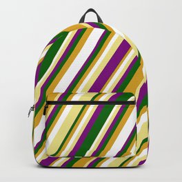 [ Thumbnail: Tan, Purple, Dark Green, Goldenrod, and White Colored Lined/Striped Pattern Backpack ]
