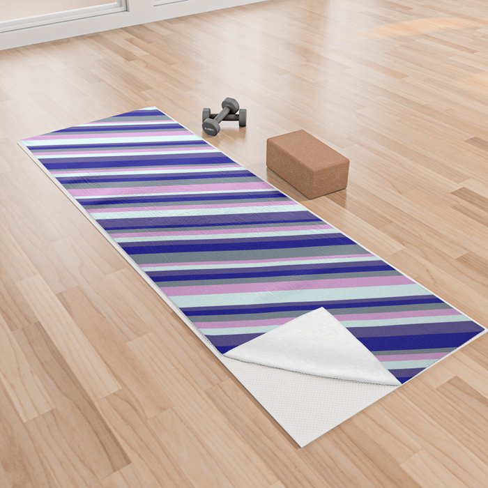 Slate Gray, Plum, Light Cyan, Dark Slate Blue, and Dark Blue Colored Lined/Striped Pattern Yoga Towel