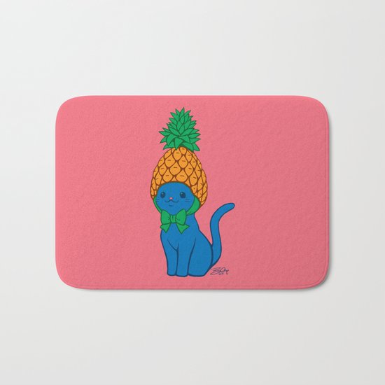Blue Cat Wears Pineapple Hat Bath Mat
