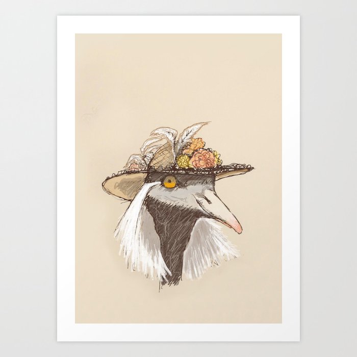 Bird in Hat-1 Art Print | Drawing, Digital, Ink-pen, Bird, Hat, Victorian, Fashion, Feathers, Birds, Fascinator