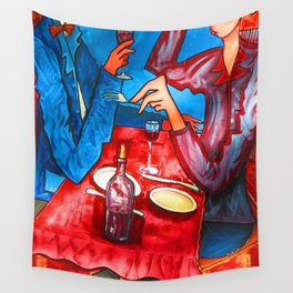 Two friends drinking wine and having dinner Wall Tapestry