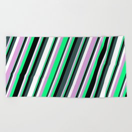 [ Thumbnail: Plum, Green, Black, Dark Slate Gray & White Colored Striped/Lined Pattern Beach Towel ]