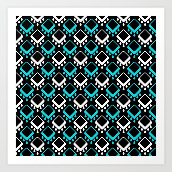 An abstract geometric pattern . Decoration white and turquoise on a black background . Art Print