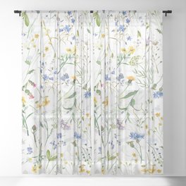 Scandinavian Midsummer Blue And Yellow Wildflowers Meadow  Sheer Curtain