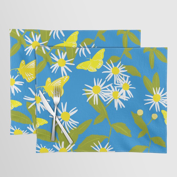 Retro Little Daisies And Butterflies Deep Turquoise  Placemat