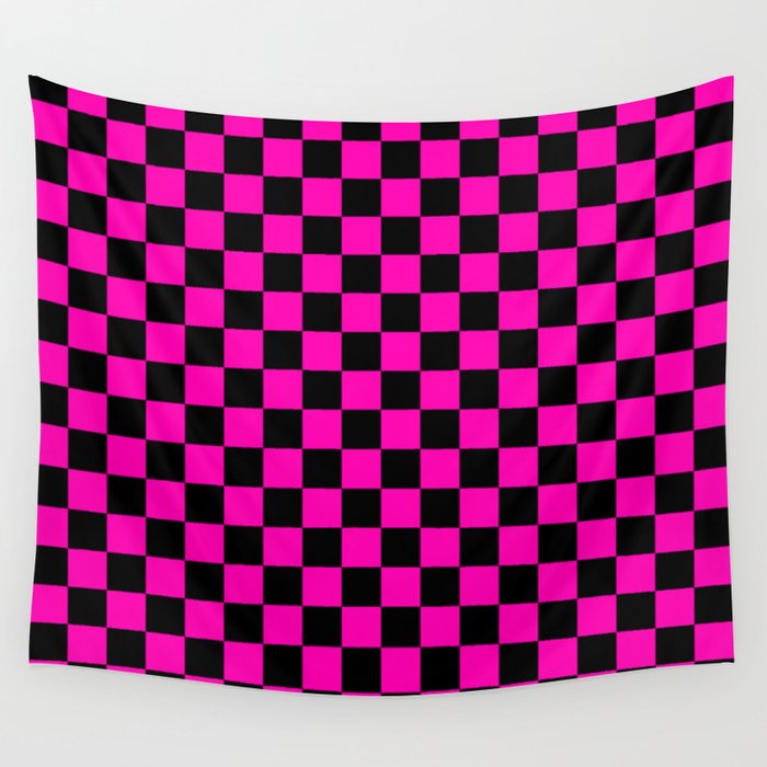 Large Hot Neon Pink and Black Racing Car Check Wall Tapestry