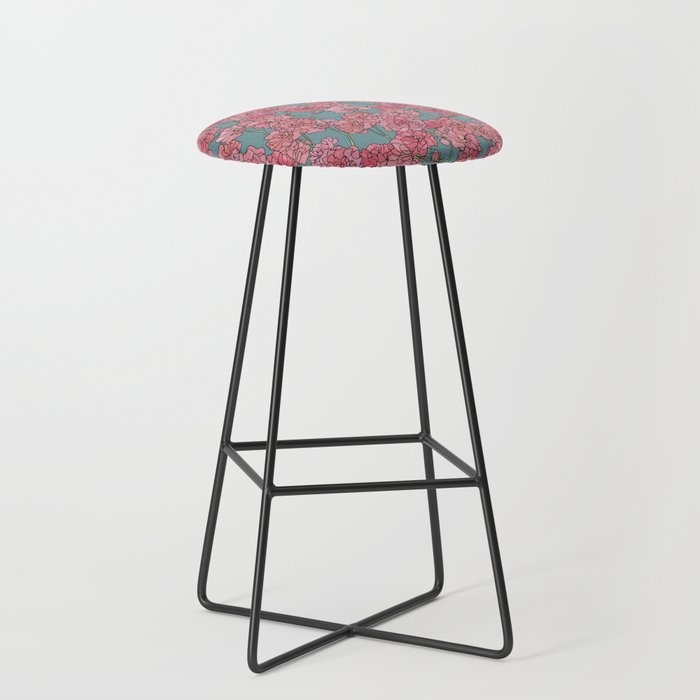 Pattern with pink damask roses on turquoise background Bar Stool