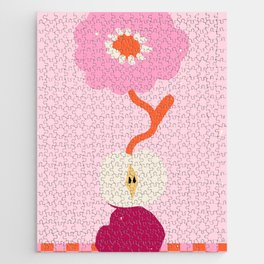Pink abstract flower and apple. Groovy vibes and retro style Jigsaw Puzzle