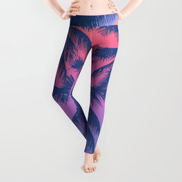 Tropical Sunrise With Pink Gradient Sun And Silhouette Of Palm Trees And Mountains In The Background Of Blue Sky Leggings