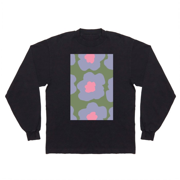 Large Pop-Art Retro Flowers in Very Peri Lavender on Green Background  Long Sleeve T Shirt