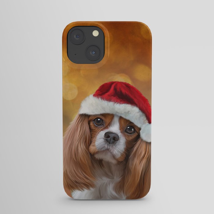 Drawing Dog breed Cavalier King Charles Spaniel  in red hat of Santa Claus iPhone Case