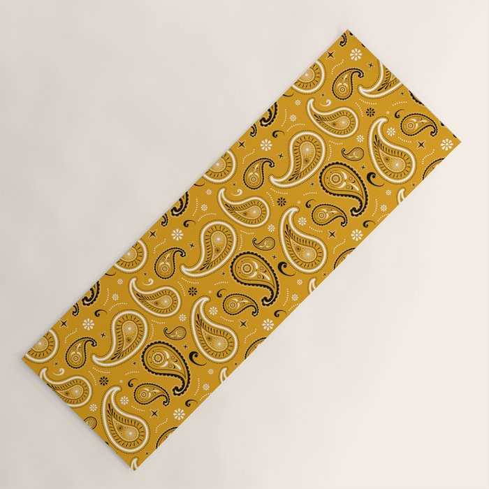 Black and White Paisley Pattern on Mustard Background Yoga Mat