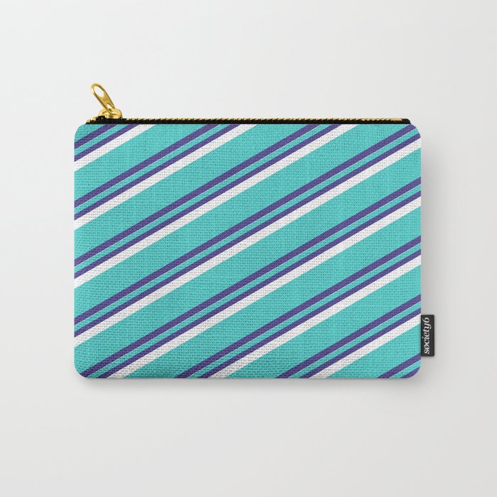 Turquoise, Dark Slate Blue & White Colored Striped Pattern Carry-All Pouch