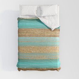 Turquoise Brown Faux Gold Glitter Stripes Pattern Comforter