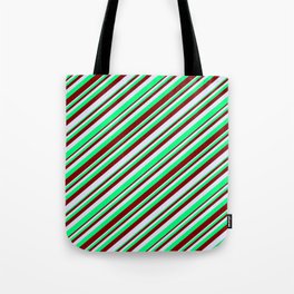 [ Thumbnail: Green, Maroon & Lavender Colored Striped/Lined Pattern Tote Bag ]