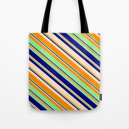 [ Thumbnail: Light Green, Blue, Bisque, and Dark Orange Colored Stripes/Lines Pattern Tote Bag ]