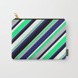 [ Thumbnail: Green, Grey, Midnight Blue, Black & White Colored Stripes Pattern Carry-All Pouch ]