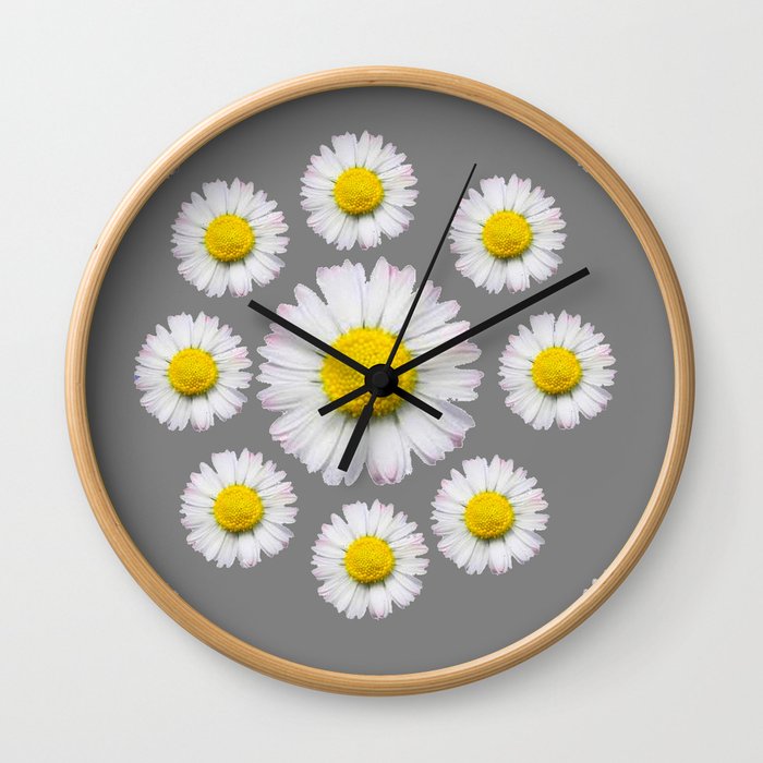 WHITE SHASTA DAISY FLOWERS  DECORATIVE GREY ART Wall Clock