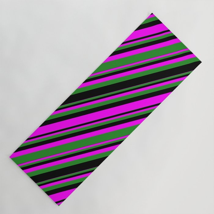 Fuchsia, Forest Green & Black Colored Lines/Stripes Pattern Yoga Mat