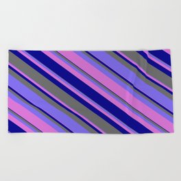[ Thumbnail: Medium Slate Blue, Orchid, Dark Blue & Dim Grey Colored Stripes/Lines Pattern Beach Towel ]