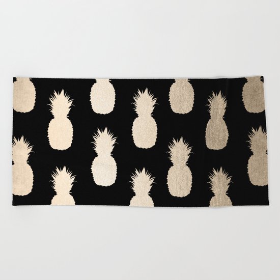 Gold Pineapples Pattern Black Beach Towel
