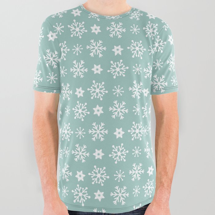 Christmas Pattern Turquoise White Snowflake Retro All Over Graphic Tee