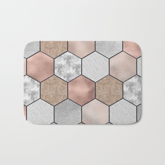 Marble hexagons and rose gold on black Bath Mat