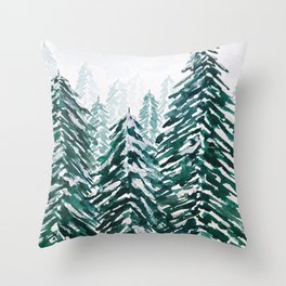 snowy pine forest in green Throw Pillow