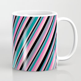 [ Thumbnail: Light Slate Gray, Dark Cyan, Hot Pink, Light Pink, and Black Colored Striped/Lined Pattern Coffee Mug ]