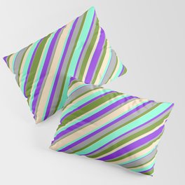 [ Thumbnail: Green, Bisque, Aquamarine, Purple & Dark Gray Colored Stripes Pattern Pillow Sham ]