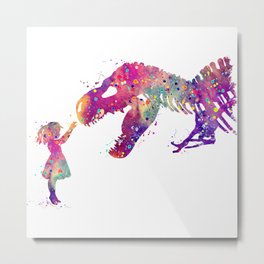 Girl and Dinosaur T-Rex Art Animals Nursery Decor Kids Room Watercolor Print Purple Home Decor Metal Print