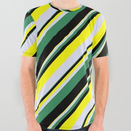 [ Thumbnail: Sea Green, Black, Yellow, and Lavender Colored Stripes Pattern All Over Graphic Tee ]