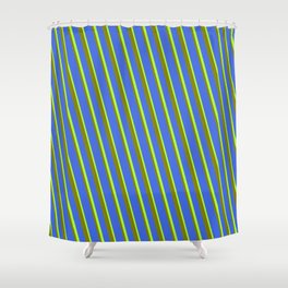 [ Thumbnail: Green, Royal Blue, and Light Green Colored Lines/Stripes Pattern Shower Curtain ]