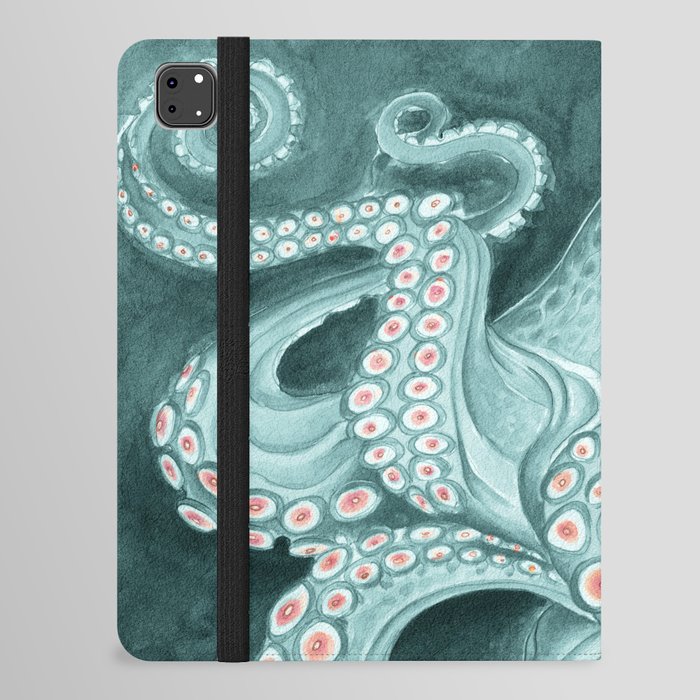 Cyan Green Teal Tentacles Pink Octopus Kraken Watercolor Art iPad Folio Case