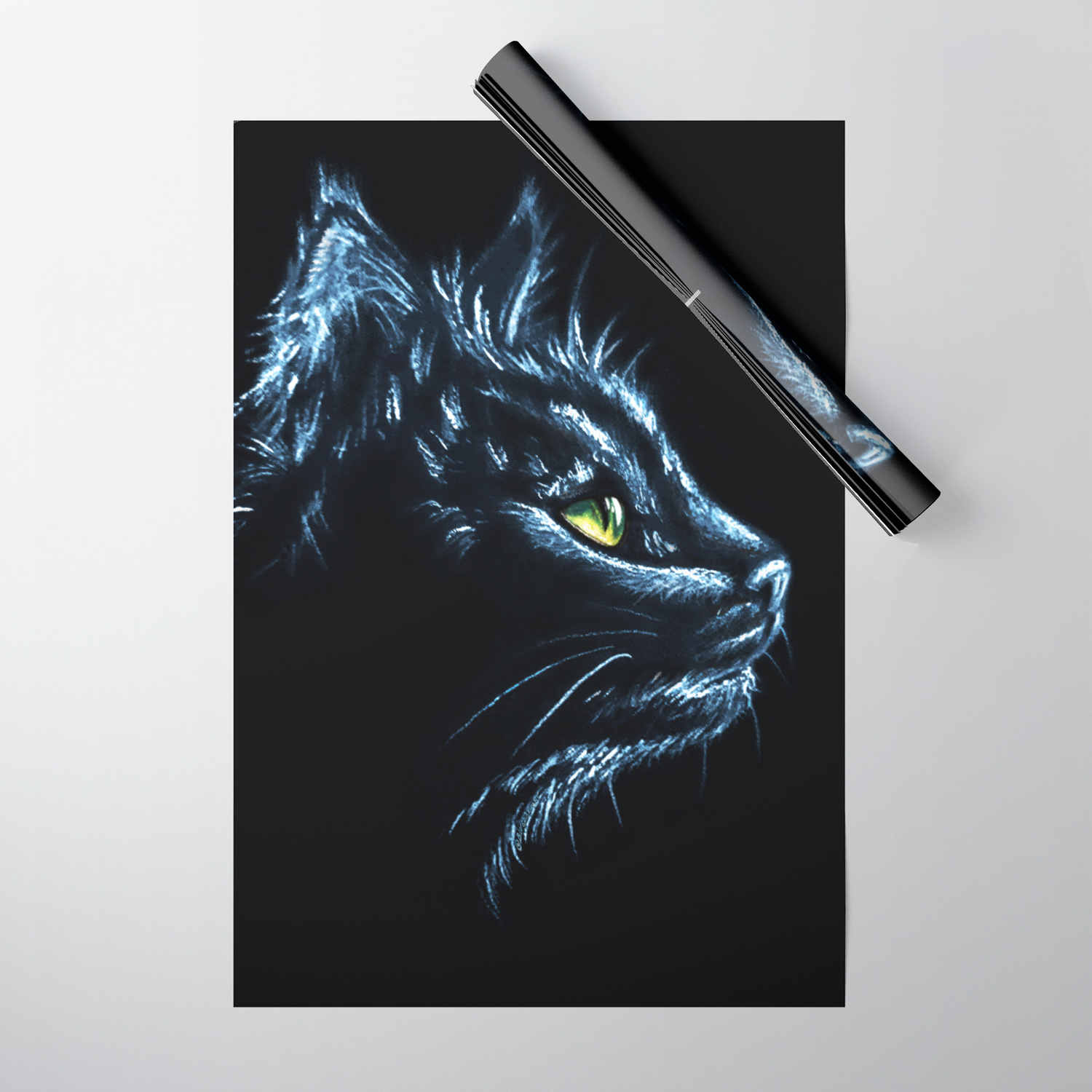 Black Cat Portrait White Charcoal Art Wrapping Paper By