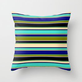 [ Thumbnail: Turquoise, Green, Beige, Blue & Black Colored Striped/Lined Pattern Throw Pillow ]