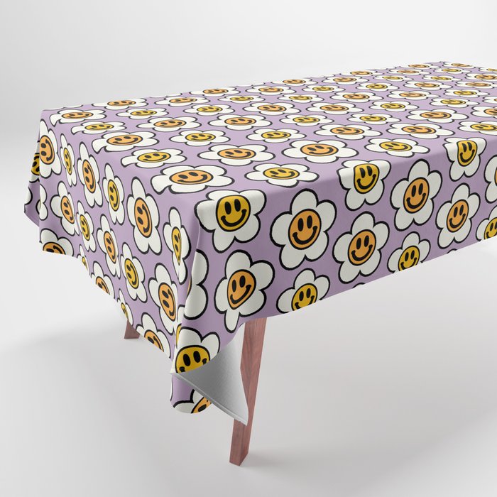Bold And Funky Flower Smileys Pattern (Muted Lavender BG) Tablecloth