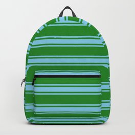 [ Thumbnail: Forest Green and Sky Blue Colored Lined/Striped Pattern Backpack ]