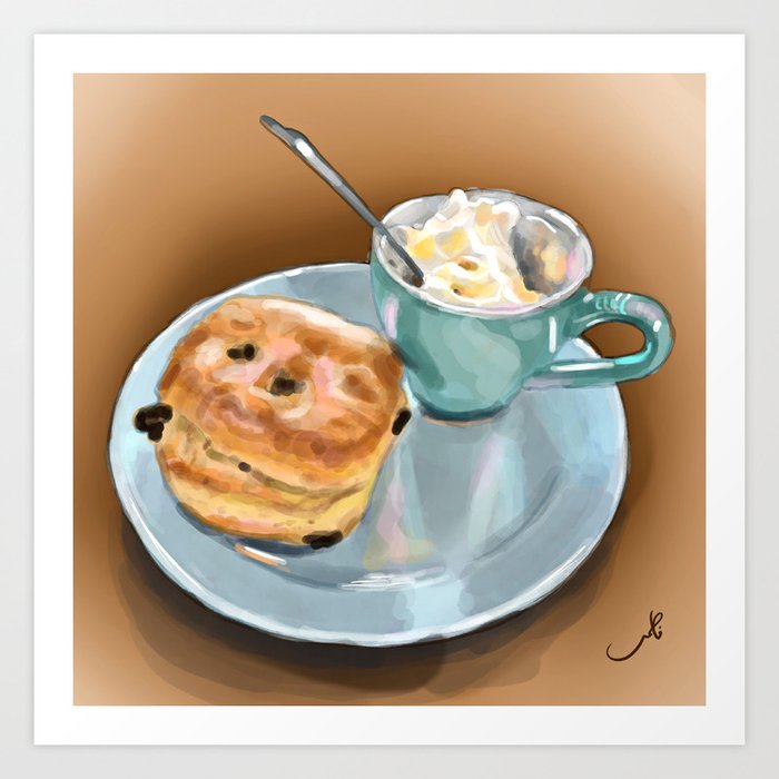 Espresso coffee with whipped cream and chocolate scone digital illustration  Art Print