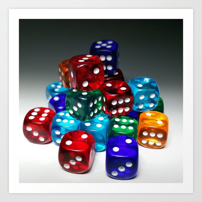 Assorted casino colored roulette wheel dice color portrait photograph Art Print
