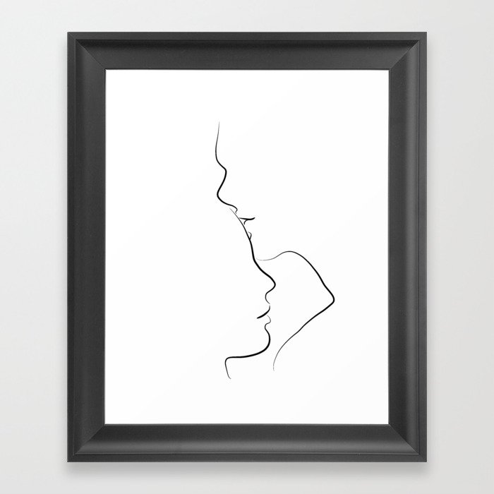 Couple Line Art Drawing - Forehead Kiss Framed Art Print